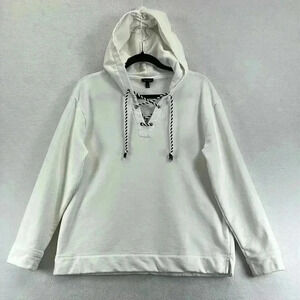Talbots Women’s Hooded Sweatshirt Top White Size L Front Laced Opening